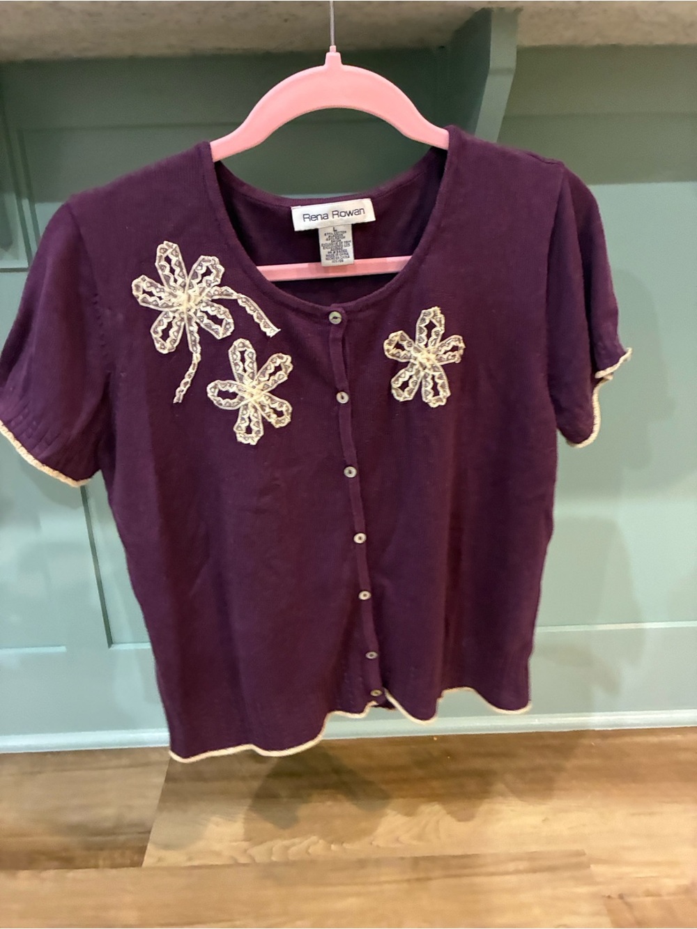 Rena Rowan Maroon Short Sleeve Button Sweater L (Fits M) Lace Ribbon Beading